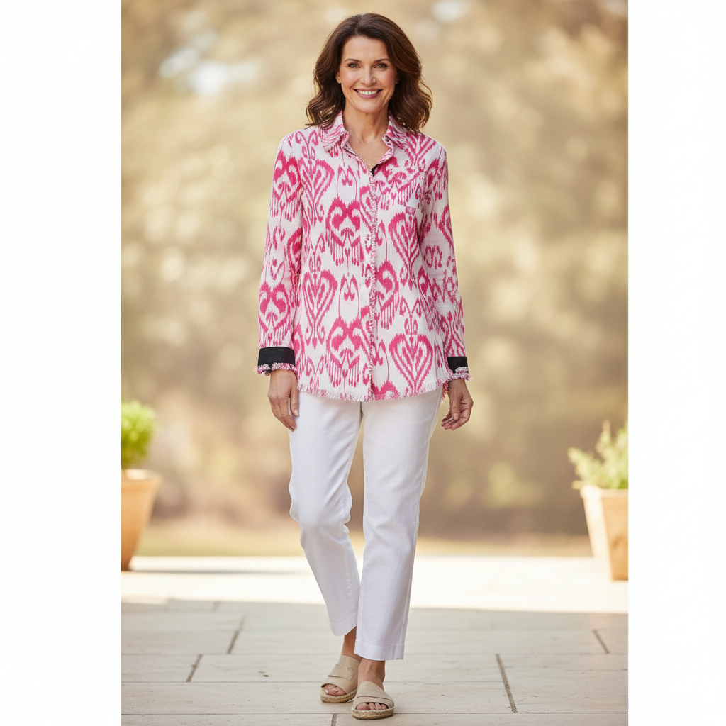 Dizzy-Lizzie - Tizzie - Cape Cod Tunic Pink White Ikat Sz L