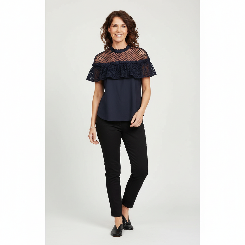 Self Portrait Navy Hudson Lace Cotton Top, size 2